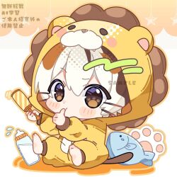Rule 34 | 1boy, aged down, animal hood, baby, barefoot, blush stickers, bottle, brown eyes, brown hair, cat hood, chibi, chibi only, commentary request, finger sucking, fish, full body, holding, holding toy, hood, hood up, indie virtual youtuber, long sleeves, male focus, milk bottle, multicolored hair, notamaru 2, onesie, orange hair, paw-shaped pupils, sample watermark, sitting, solo, symbol-shaped pupils, tatamaru (vtuber), toy, virtual youtuber, watermark, white hair