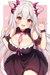 1girl :d between_breasts black_dress blush bow breasts cleavage cone_hair_bun cowboy_shot daysss dot_nose dress frilled_dress frills hair_bun hair_ornament head_tilt heart highres indie_virtual_youtuber large_breasts long_hair looking_at_viewer necktie necktie_between_breasts open_mouth orange_eyes pink_background pink_bow pink_necktie simple_background smile solo suou_patra virtual_youtuber white_hair wrist_cuffs