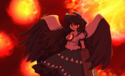 1girl arm_cannon ay606078 bird_wings black_hair black_wings bow cape closed_mouth commentary english_commentary green_bow green_skirt hair_bow highres long_hair looking_at_viewer red_eyes reiuji_utsuho shirt short_sleeves skirt solo sun third_eye touhou triangle_print very_long_hair weapon white_cape white_shirt wings