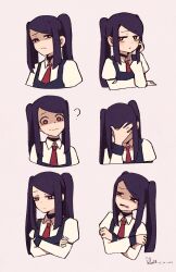 1girl ? absurdres angry bright_pupils commentary cropped_torso crossed_arms dated facepalm highres jill_stingray long_hair multiple_expressions necktie purple_background purple_hair purple_vest red_eyes red_necktie rnna shirt signature simple_background twintails upper_body va-11_hall-a vest white_pupils white_shirt