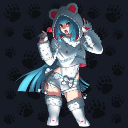 1girl absurdres animal_ear_hood artist_request blue_hair candy fake_animal_ears food gao highres hood hoodie kula_diamond lollipop long_hair red_eyes the_king_of_fighters thighhighs zettai_ryouiki