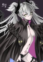 1girl absurdres black_cloak black_panties black_thighhighs body_markings breasts cloak crossed_bangs demon_girl demon_horns demon_wings ear_piercing fate/grand_order fate_(series) green_eyes grey_hair grin hair_between_eyes highres horns lilith_(fate) long_hair looking_at_viewer medium_breasts navel panties piercing pointy_ears smile solo stomach_tattoo tattoo thighhighs thighs tsukaasa twintails underwear very_long_hair wings