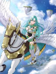 1girl aqua_hair armor bare_shoulders blush bow braid breastplate breasts chloe_(fire_emblem) cleavage closed_mouth dress earrings elbow_gloves fire_emblem fire_emblem_engage gloves green_eyes highres jewelry large_breasts long_hair looking_at_viewer mugitoro_(dsfv2277) nintendo pegasus shoulder_armor side_braid smile solo teardrop_earrings thighhighs very_long_hair white_gloves