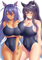 2girls animal_ears arm_at_side arm_under_breasts bare_shoulders black_hair black_one-piece_swimsuit blush breasts cleavage closed_mouth collarbone commentary_request commission covered_navel dark-skinned_female dark_skin hair_ornament hairclip highleg highleg_one-piece_swimsuit highres hishi_amazon_(umamusume) horse_ears horse_girl large_breasts long_hair looking_at_viewer multiple_girls narita_brian_(umamusume) one-piece_swimsuit open_mouth purple_hair simple_background skeb_commission swimsuit thighs umamusume white_background yellow_eyes yuunagi_(0217)