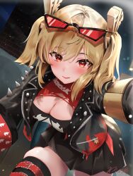 1girl absurdres black-framed_eyewear black_jacket black_skirt black_thighhighs black_tube_top blonde_hair blush breasts burnice_white cleavage cleavage_cutout clothing_cutout commentary_request eyewear_on_head hair_between_eyes hair_intakes highres jacket large_breasts looking_at_viewer open_mouth outstretched_arm red-tinted_eyewear red_eyes signature skindentation skirt smile solo spiked_jacket strapless teeth thick_thighs thighhighs thighs tinted_eyewear tube_top two_side_up upper_teeth_only wasabiyu18 zenless_zone_zero