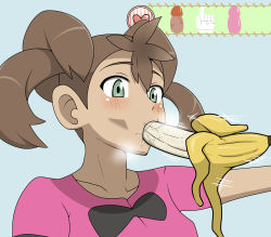 Rule 34 | 1girl, alternate color, banana, blush, food, fruit, heart, highres, mantan, nintendo, penis, pokemon, pokemon-amie, saliva, sexually suggestive, shauna (pokemon), shiny skin, solo, uncensored