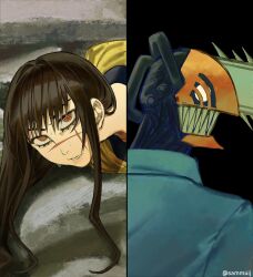 1boy 1girl black_hair blue_shirt chainsaw_man commentary denji_(chainsaw_man) english_commentary facial_scar highres long_hair open_mouth ringed_eyes sammuij scar scar_on_cheek scar_on_face scar_on_nose sharp_teeth shirt sweat teeth twitter_username yellow_eyes yoru_(chainsaw_man)