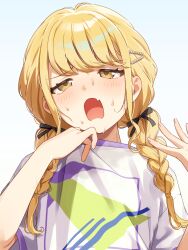 1girl absurdres akabino black_ribbon blonde_hair blush braid commentary_request fang fujita_kotone gakuen_idolmaster hair_ribbon highres idolmaster long_hair low_twin_braids open_mouth ribbon shirt short_sleeves simple_background skin_fang solo sweat twin_braids upper_body white_background white_shirt yellow_eyes