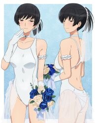 1girl amagami aqua_background arm_garter black_eyes black_hair blue_flower blue_rose blush border bouquet breasts bridal_one-piece_swimsuit bridal_swimsuit bridal_veil bride choker closed_mouth collarbone competition_swimsuit covered_navel cowboy_shot earrings flower from_side gloves hair_ornament hair_scrunchie hand_on_own_face hand_up highleg highleg_one-piece_swimsuit highres holding holding_bouquet jewelry looking_at_viewer looking_to_the_side medium_breasts multiple_views nanidato_(nanidat0) nontraditional_wedding_dress one-piece_swimsuit outside_border ponytail rose scrunchie short_hair smile swimsuit tsukahara_hibiki veil white_border white_choker white_flower white_gloves white_one-piece_swimsuit white_rose white_scrunchie