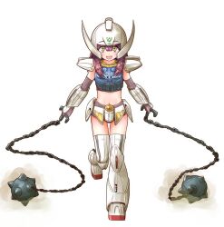 1girl :d ball_and_chain_(weapon) chain commentary_request cosplay dot_nose gundam helmet holding holding_chain jagi_(jagi_souken) long_hair looking_at_viewer midriff navel open_mouth purple_hair simple_background smile solo toki_ayano turn_a_gundam turn_a_gundam_(mobile_suit) turn_a_gundam_(mobile_suit)_(cosplay) walking weapon white_background yellow_eyes yurucamp