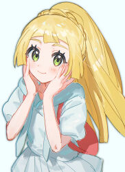 1girl absurdres backpack bag blonde_hair blunt_ends blush closed_mouth eyelashes fua1heyvot4ifsr green_eyes hands_on_own_face high_ponytail highres lillie_(pokemon) long_hair looking_at_viewer nintendo pleated_skirt pokemon pokemon_sm ponytail ponytail_with_braided_base red_bag shirt short_sleeves skirt smile solo white_background white_shirt white_skirt