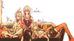 3girls artist_name black_dress black_shorts book book_on_lap character_name closed_eyes controller couch dress game_controller glasses hair_between_eyes hand_on_another&#039;s_head hatsune_miku holding holding_book holding_controller holding_game_controller hood hood_down hooded_jacket indian_style jacket jewelry kagamine_rin leaning_on_person long_hair lying megurine_luka multiple_girls necklace on_back on_couch reading shiinoyuko shorts simple_background sitting sleeveless sleeveless_dress thighhighs twintails very_long_hair vocaloid white_background white_jacket