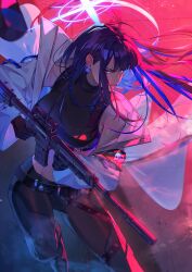1girl absurdres assault_rifle black_gloves black_pants black_shoes black_sports_bra blue_archive blue_eyes blue_hair gloves gun highres holding holding_gun holding_weapon jacket long_hair looking_to_the_side nefula14 pants rifle saori_(blue_archive) sharp_teeth shoes sidelocks solo sports_bra teeth weapon white_jacket