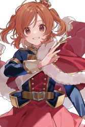 1girl aijou_karen arm_at_side belt belt_buckle blue_jacket brown_eyes brown_hair buckle buttons chiri_(ch!) cowboy_shot crown epaulettes fur-trimmed_jacket fur_trim gold_trim grin hand_up jacket jacket_on_shoulders light_blush long_sleeves looking_at_viewer mini_crown multicolored_jacket parted_lips red_jacket red_skirt sash short_hair shoujo_kageki_revue_starlight simple_background skirt smile solo standing swept_bangs tilted_headwear two_side_up white_background white_sash yellow_belt