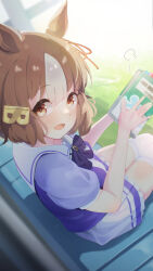 Rule 34 | 1girl, absurdres, animal ears, belno light (umamusume), bob cut, book, bow, bowtie, brown eyes, brown hair, commentary, day, ear ribbon, from behind, hair ornament, highres, holding, holding book, horse ears, horse girl, letter hair ornament, looking at viewer, looking back, miniskirt, multicolored hair, open mouth, outdoors, pleated skirt, puff of air, purple bow, purple bowtie, purple shirt, sailor collar, school uniform, shijima (shizima 03), shirt, short hair, short sleeves, sitting, skirt, smile, solo, thighhighs, tracen school uniform, two-tone hair, umamusume, umamusume: cinderella gray, white hair, white sailor collar, white skirt, white thighhighs