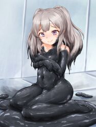 Rule 34 | black paint, black skin, bodypaint, colored skin, completely nude, covering breasts, covering privates, facepaint, highres, idolmaster, idolmaster shiny colors, light smile, multicolored hair, nude, paint, painting (medium), traditional media, yaneura (yaneur), yukoku kiriko
