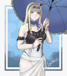 1girl artist_name blonde_hair breasts closed_mouth constance_von_nuvelle constance_von_nuvelle_(summer) drill_hair drill_sidelocks fire_emblem fire_emblem:_three_houses fire_emblem_heroes flower hair_flower hair_ornament hairband highres holding holding_umbrella jewelry lynarc medium_breasts medium_hair multicolored_hair nintendo official_alternate_costume one-piece_swimsuit parasol purple_hair sarong sidelocks smile solo swimsuit umbrella white_one-piece_swimsuit white_sarong