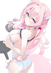 1girl animal_ears apron aqua_panties ass back blush braid braided_bun breasts chest_belt closed_mouth crown_braid frilled_apron frills hair_bun hair_intakes hair_ribbon hakui_koyori hakui_koyori_(1st_costume) hashtag-only_commentary heart heart_in_eye highres holding hololive large_breasts laudayon long_hair looking_at_viewer looking_back median_furrow necktie panties pink_hair pink_necktie purple_eyes red_ribbon ribbon shoulder_blades sideboob signature simple_background solo symbol_in_eye tearing_up underwear virtual_youtuber white_apron white_background wolf_ears wolf_girl