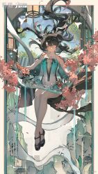 1girl absurdres aqua_dress aqua_eyes bare_shoulders black_shoes bodysuit breasts brown_hair chinese_commentary commentary_request detached_sleeves dress earrings floating_hair full_body glasses gradient_clothes gradient_dress highres holding holding_paintbrush jewelry long_hair medium_breasts multicolored_eyes official_art paintbrush parted_lips pink_eyes second-party_source semi-rimless_eyewear shoes solo toto_(caaaaarrot) two-tone_eyes under-rim_eyewear very_long_hair white_bodysuit wuthering_waves yellow-framed_eyewear zhezhi_(wuthering_waves)