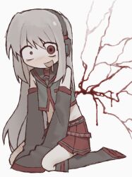 1girl blood boots crazy_eyes crazy_smile crop_top detached_sleeves drooling headphones long_hair looking_at_viewer meltypen red_eyes self-harm_scar skirt smile sukone_tei utau white_hair yandere