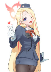 Rule 34 | 1girl, absurdres, arm at side, black hat, black jacket, black pantyhose, black skirt, blonde hair, blue archive, blue eyes, bow, bowtie, breasts, buttons, commentary request, cowboy shot, eyes visible through hair, fang, finger heart, garrison cap, gloves, hair over one eye, halo, hat, heart, highres, jacket, korean commentary, long hair, long sleeves, looking at viewer, multicolored hair, name tag, noranbit (lanbit1112), official alternate costume, one eye closed, open mouth, pantyhose, pina (blue archive), pina (guide) (blue archive), red bow, red bowtie, red halo, shirt, simple background, skin fang, skirt, smile, solo, streaked hair, tour guide, walkie-talkie, white background, white gloves, white shirt
