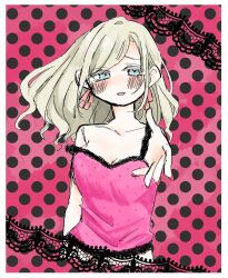 1girl :d bare_shoulders black_background blue_eyes blush border breasts camisole ceras_yanagida_lilienfeld cleavage collarbone commentary_request cropped_torso grey_hair hair_ribbon highres link!_like!_love_live! long_hair looking_at_viewer love_live! medium_breasts offering_hand open_mouth panda_no_gohan parody pink_background pink_camisole pink_ribbon polka_dot polka_dot_background reaching reaching_towards_viewer ribbon romeo_to_cinderella_(vocaloid) sidelocks smile solo virtual_youtuber white_border