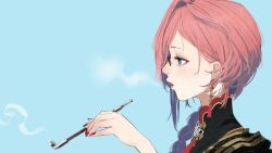 1girl absurdres blue_background blue_eyes braid braided_ponytail chinese_clothes commentary_request from_side glasses hair_over_shoulder highres holding holding_smoking_pipe hololive kafan long_hair nail_polish official_alternate_costume official_alternate_hairstyle pink_hair red_nails simple_background smoke smoking smoking_pipe solo takane_lui takane_lui_(5th_costume) tassel virtual_youtuber