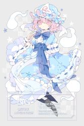 1girl absurdres black_boots blue_bow blue_bowtie blue_hat blue_kimono blue_sash boots bow bowtie closed_mouth commentary frilled_kimono frilled_sleeves frills full_body grey_background hair_between_eyes hand_up hat highres hitodama japanese_clothes kimono long_sleeves looking_at_viewer mob_cap nikorashi-ka obi pink_eyes pink_hair ribbon-trimmed_sleeves ribbon_trim saigyouji_yuyuko sash short_hair sleeves_past_fingers sleeves_past_wrists solo touhou triangular_headpiece watermark wide_sleeves