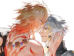 Rule 34 | 2boys, arm tattoo, back tattoo, black coat, black shirt, blonde hair, braid, closed eyes, coat, cracked skin, crying, gold necklace, gradient hair, hair between eyes, hand on another&#039;s face, honkai: star rail, honkai (series), imminent kiss, jewelry, male focus, medium hair, multicolored hair, multiple boys, mydei (honkai: star rail), necklace, open clothes, open coat, phainon (honkai: star rail), red hair, red tattoo, shirt, short hair, side braid, simple background, suirandanshihao, tattoo, white background, white hair, yaoi, yellow blood, yellow eyes