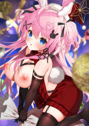 1girl ahoge animal_ear_fluff animal_ears bag bare_shoulders black_garter_straps black_gloves black_ribbon black_thighhighs blue_eyes blurry blush breasts breasts_out cardigan christmas cleavage commentary_request depth_of_field elbow_gloves fur-trimmed_headwear fur_trim garter_straps gloves haiba_09 hair_between_eyes hair_ornament hair_ribbon hat heart heart_ahoge holding holding_bag large_breasts long_hair looking_at_viewer meme_attire nipples open_cardigan open_clothes open_mouth original pink_hair rabbit_ears rabbit_girl rabbit_hair_ornament rabbit_tail red_hat red_sweater ribbon santa_hat sidelocks solo star_(symbol) sweater tail thighhighs two_side_up virgin_killer_sweater x_hair_ornament zettai_ryouiki