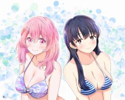 Rule 34 | 2girls, bare shoulders, bikini, bikini top only, black hair, blush, boku no kokoro no yabai yatsu, breasts, brown eyes, closed mouth, collarbone, commentary request, crossover, dated, front-tie bikini top, front-tie top, hair ornament, hairclip, highres, kotobuki minami, large breasts, light smile, long hair, looking at viewer, multicolored bikini, multiple girls, oshi no ko, parallel hairclips, pink eyes, pink hair, satya, season connection, signature, smile, striped bikini, striped clothes, swimsuit, textless version, upper body, voice actor connection, yamada anna, youmiya hina