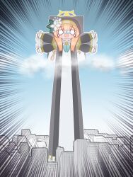 Rule 34 | 1girl, afterimage, anatomical nonsense, animal ears, blue archive, blue sky, blush, braid, braided ponytail, building, chibi, cloud, coif, day, dress, emphasis lines, flower, giant, giantess, halo, hat, hat flower, highres, horuhara, long hair, long sleeves, mari (blue archive), neckerchief, open mouth, orange hair, outdoors, puffy long sleeves, puffy sleeves, raised eyebrows, sky, skyscraper, sleeves past wrists, solo, white flower, yellow halo
