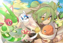 1girl dragon dragon_wings evolutionary_line flygon gen_3_pokemon great_ball green_hair ground_miku_(project_voltage) hatsune_miku highres holding holding_poke_ball jlseiko long_hair nintendo poke_ball pokemon project_voltage trapinch twintails very_long_hair vibrava vocaloid wings yellow_eyes