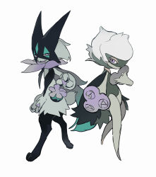 alternate_color animal_feet animal_hands black_flower black_fur cape colored_skin digitigrade floral_dress flower full_body gen_4_pokemon green_cape green_fur green_skin highres keroreud meowscarada nintendo no_humans pokemon pokemon_(creature) pokemon_focus purple_eyes purple_flower roserade shiny_pokemon side-by-side simple_background slit_pupils white_background white_petals