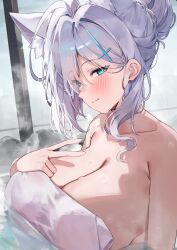 1girl absurdres alternate_hairstyle animal_ear_fluff animal_ears armpit_crease bathing blue_archive blue_eyes blush breasts cleavage closed_mouth cross cross_hair_ornament dutch_angle extra_ears floating_breasts grey_hair hair_bun hair_intakes hair_ornament highres inverted_cross kuroshiro_kanae large_breasts long_hair looking_at_viewer naked_towel onsen partially_submerged shiroko_(blue_archive) shiroko_terror_(blue_archive) single_hair_bun smile solo steam towel upper_body v wolf_ears wolf_girl