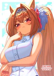 1girl alternate_costume animal_ears artist_name blush bow breasts brown_hair collared_shirt commentary_request creape daiwa_scarlet_(umamusume) dated ear_bow from_below frown hair_between_eyes hair_intakes highres horse_ears horse_girl large_breasts long_hair pout red_bow red_eyes shirt sleeveless sleeveless_shirt solo tiara twintails umamusume very_long_hair white_shirt