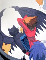 Rule 34 | 1boy, angel wings, blue hair, brown hair, cat, cat shadow puppet (meme), crossed arms, demon wings, duel academy uniform (yu-gi-oh! gx), duel monster, highres, jacket, meme, multicolored hair, pharaoh (cat), red jacket, ruka (ruka35480347), shadow, shoes, sneakers, squatting, white hair, winged kuriboh, wings, yu-gi-oh!, yu-gi-oh! gx, yubel, yuki judai