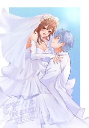 1boy 1girl atelier_(series) atelier_ryza atelier_ryza_3 bare_shoulders blue_background blush border bos_brunnen breasts brown_eyes brown_hair carrying carrying_person cleavage cowboy_shot dress fang formal_clothes grey_hair highres jacket kaninoko large_breasts reisalin_stout simple_background suit veil wedding_dress white_border white_dress white_jacket white_suit