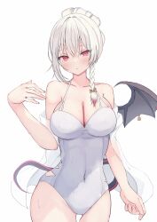 1girl absurdres blue_archive blush breasts casual_one-piece_swimsuit cleavage collarbone commentary_request covered_navel demon_wings grey_hair halo haruna_(blue_archive) haruna_(swimsuit)_(blue_archive) highres korean_commentary large_breasts long_hair looking_at_viewer official_alternate_costume one-piece_swimsuit red_eyes second-party_source simple_background single_wing smile solo swimsuit white_background white_one-piece_swimsuit wings yukimurayura