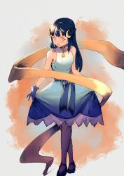 1girl absurdres black_footwear blue_dress blue_gloves blue_hair blue_ribbon choker crescent crescent_hair_ornament dawn_(pokemon) dress gloves gradient_clothes gradient_dress hair_ornament high_heels highres long_hair looking_at_viewer nintendo open_mouth orange_eyes pokemon pokemon_(anime) pokemon_journeys pokemon_swsh075 pokemongundam ribbon simple_background skirt_hold sleeveless sleeveless_dress star_(symbol) tareme thighhighs