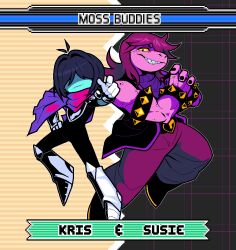 1girl 1other acenth armlet black_nails blue_skin boots character_name colored_sclera colored_skin commentary deltarune english_commentary english_text freckles furry furry_female gloves hand_on_own_hip jewelry kris_(dark_world)_(deltarune) kris_(deltarune) long_hair own_hands_together pink_scarf pink_skin scarf short_hair smile sonic_(series) sonic_advance_(series) sonic_advance_3 spiked_armlet susie_(dark_world)_(deltarune) susie_(deltarune) teeth white_gloves yellow_sclera