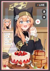 1girl absurdres animal_ear_headwear black_jacket black_veil blue_archive blue_neckerchief blush cake cat_girl fake_animal_ears flower food fruit hair_flower hair_ornament highres jacket long_hair mari_(blue_archive) muo_(muojjang_0929) neckerchief nun open_clothes own_hands_together pancake pancake_stack sailor_collar sidelocks solo strawberry sweat teeth upper_teeth_only veil very_long_hair white_flower white_sailor_collar