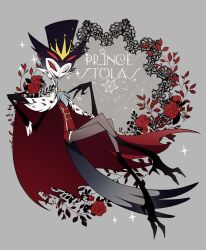 1boy ama0805 black_hat cape character_name colored_sclera crossed_legs flower full_body grey_background hands_up hat helluva_boss highres jacket male_focus one_eye_closed open_mouth owl_boy red_cape red_flower red_jacket red_rose red_sclera rose smile solo sparkle stolas_(helluva_boss) two-sided_cape two-sided_fabric