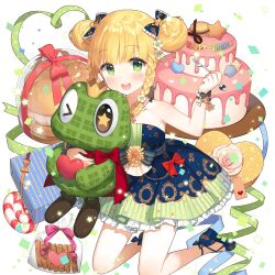 1girl bare_legs birthday_cake blonde_hair blue_shoes box braid cake double_bun dress food gift gift_box green_eyes hair_bun happy_birthday off-shoulder_dress off_shoulder salt_(salty) sapphire_emerald shoes stuffed_toy twin_braids twintails uchi_no_hime-sama_ga_ichiban_kawaii