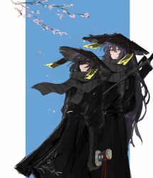 Rule 34 | 1boy, 1girl, ajirogasa, bandaged arm, bandages, black hair, black robe, blue background, blue eyes, bob cut, border, cherry blossoms, conical hat, grey scarf, hand wraps, hat, heishou pack-mao branch (identity) (project moon), heterochromia, high ponytail, highres, hong lu (project moon), limbus company, llllao216913, long hair, long sleeves, one eye in shadow, ponytail, project moon, red eyes, rice hat, robe, ryoshu (project moon), scarf, short hair, simple background, standing, sword, sword on back, upper body, very long hair, weapon, weapon on back, white border