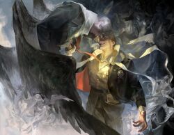 2boys absurdres ahoge aiming america_(hetalia) artist_name axis_powers_hetalia belt black_belt black_coat black_jacket blonde_hair blue_eyes breast_pocket brown_jacket brown_pants buttons closed_mouth coat collared_shirt commentary cowboy_shot feathered_wings feathers floating_clothes flying fur-trimmed_jacket fur_trim green_shirt grey_hair gun hair_between_eyes hand_up handgun highres holding holding_gun holding_weapon jacket jefferage lapels lips long_sleeves looking_at_another male_focus military_jacket military_uniform multiple_boys open_clothes open_jacket pants pocket puffy_long_sleeves puffy_sleeves purple_eyes red_jacket russia_(hetalia) scarf shirt short_hair smile standing symbol-only_commentary teeth two-sided_fabric two-sided_jacket weapon white_scarf wings
