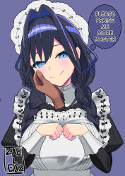 1girl 1other apron artist_name black_dress black_hair blue_hair braid closed_mouth colored_inner_hair dark_skin disembodied_hand dress english_text hair_intakes hat hololive hololive_english jaheterbang long_hair looking_at_viewer low_twin_braids maid mob_cap multicolored_hair official_alternate_costume official_alternate_hairstyle ouro_kronii ouro_kronii_(maid) purple_background smile speech_bubble twin_braids virtual_youtuber white_apron
