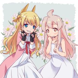 2girls ahoge blonde_hair blue_eyes blush bow bowtie crossover double_v dress fantasy_bishoujo_juniku_ojisan_to fingerless_gloves floral_background flower frilled_dress frills genderswap genderswap_(mtf) gloves grin hair_ornament highres long_hair long_sleeves looking_at_viewer multiple_girls nora-toro onii-chan_wa_oshimai! orange_eyes oyama_mahiro pink_hair ribbon sharp_teeth smile sundress tachibana_hinata_(fantasy_bishoujo) teeth trait_connection v