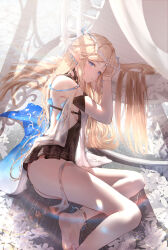 1girl absurdres ass bare_legs bare_shoulders barefoot black_collar black_dress blonde_hair blue_eyes blush breasts cartethyia_(wuthering_waves) chinese_commentary collar commentary_request crown_of_thorns dress earrings feet highres jewelry legs long_hair looking_at_viewer parted_bangs parted_lips partial_commentary pointy_ears ressec short_dress sidelocks sitting small_breasts soles solo tacet_mark_(wuthering_waves) thighs wuthering_waves