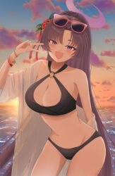 1girl a_ekoa bikini black_bikini blue_archive breasts cleavage cloud evening eyewear_on_head fang flower gradient_sky hair_flower hair_ornament halo highres large_breasts long_hair looking_at_viewer navel o-ring o-ring_bikini official_alternate_costume open_mouth orange_sky ponytail purple-framed_eyewear purple_eyes purple_hair purple_halo skin_fang sky smile solo stomach sunglasses swimsuit yukari_(blue_archive) yukari_(swimsuit)_(blue_archive)